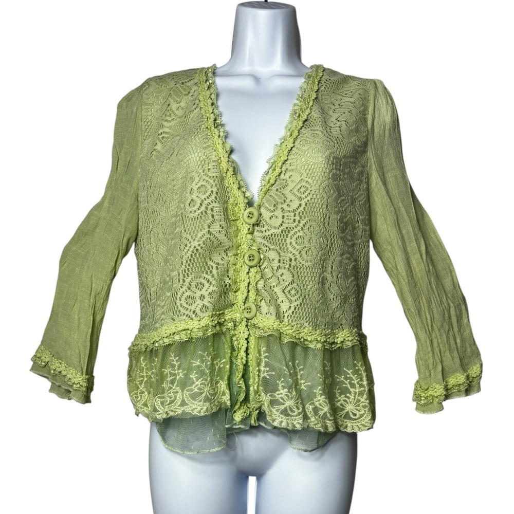 Pretty Angel Top Size L LinenBlend Mixed Media Hanky Hem Green Fairycore Ruffley